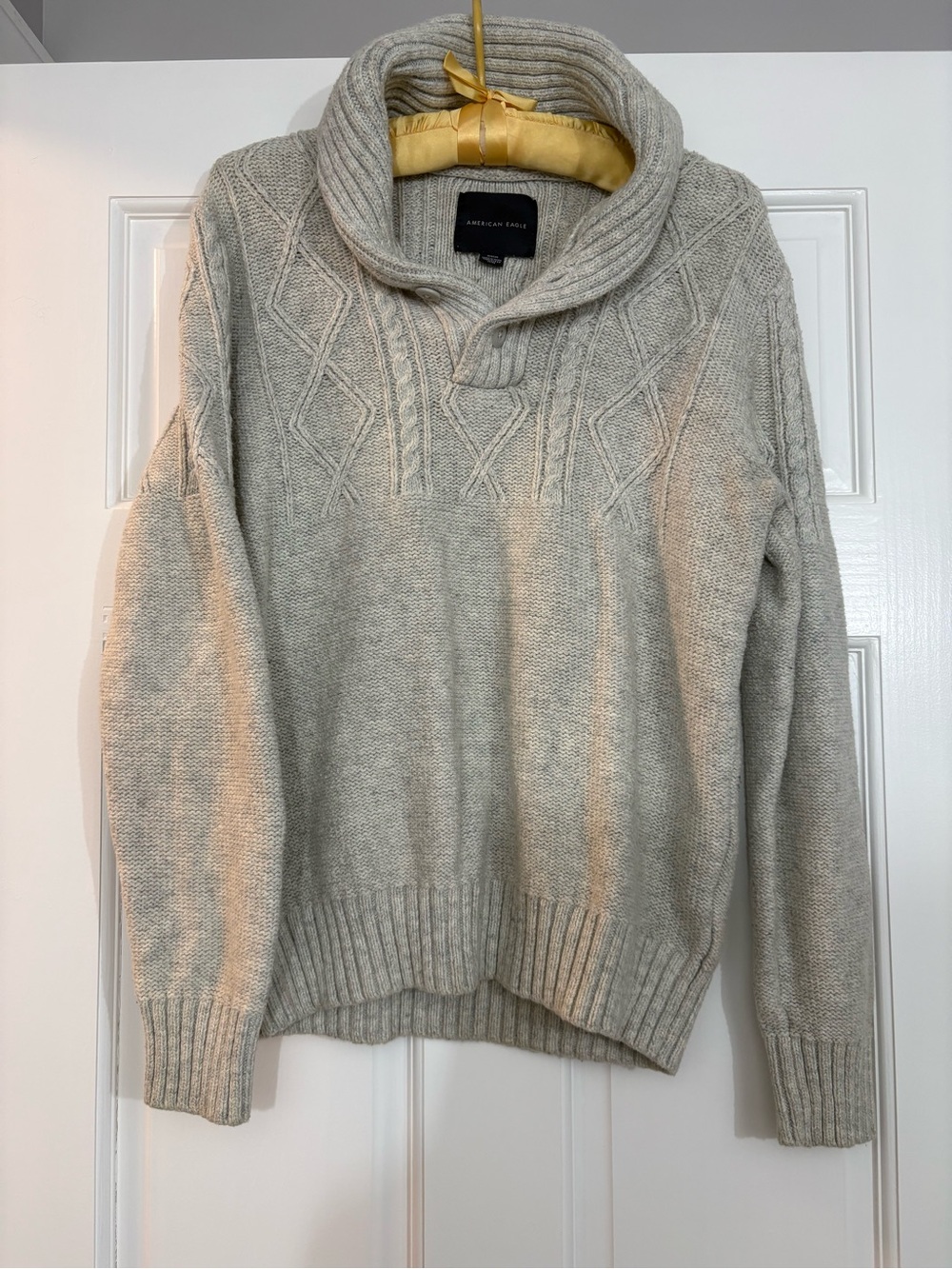 American Eagle Outfitters Men's Shawl Collar Cable Knit Sweater in Oatmeal